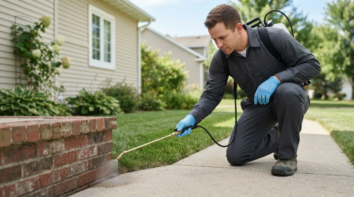 Pest control technician treating a home near Moorefield, KY